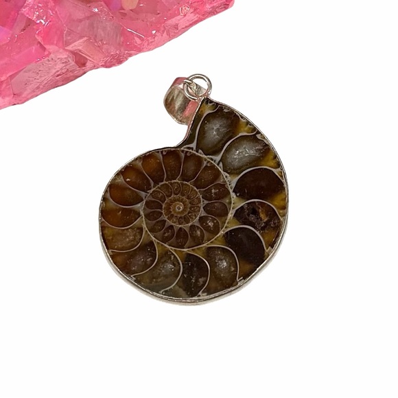 Hand Crafted Jewelry - Ammonite Fossil Necklace Pendant 925 Sterling Silver Overlay